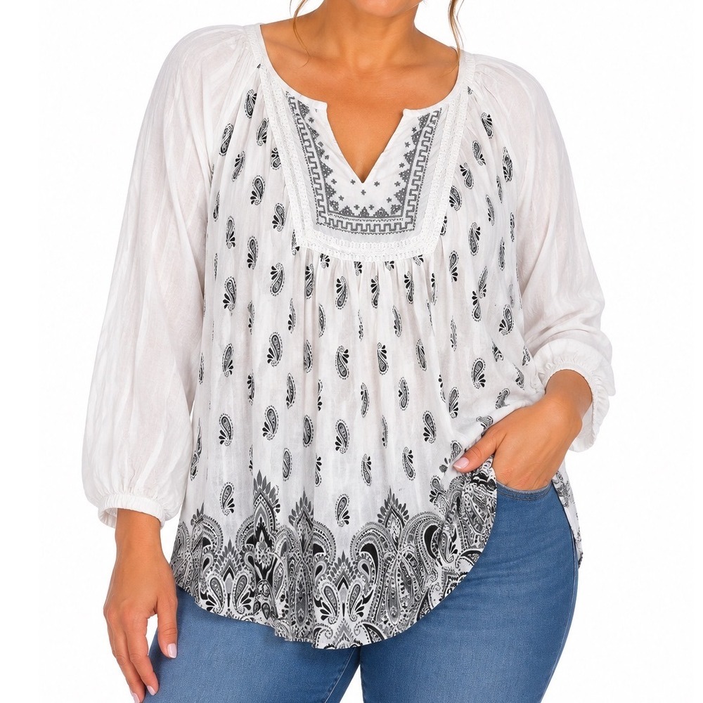 Vintage America Blues Women XL White Black Paisley Boho Peasant Top Blouse